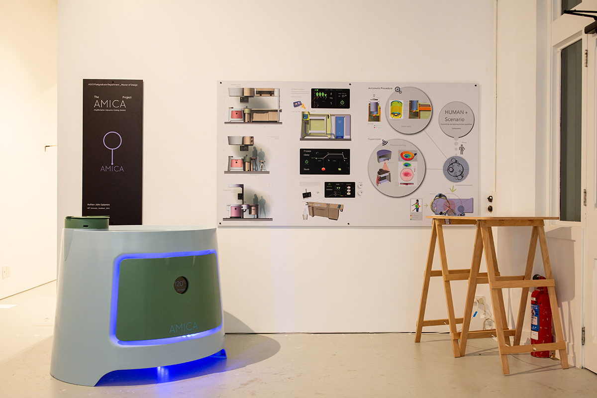 Installation view, sign on wall display and designed oven
