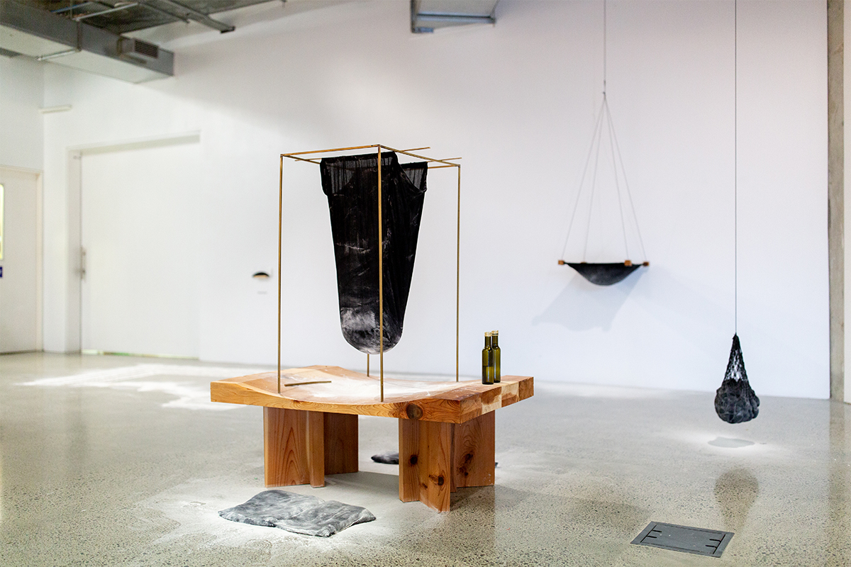 Various contraptions of flour suspended in fabric